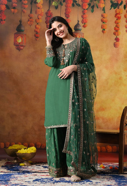 Green Cotton Silk Kurta Set with intricate zardozi, sequin, and thread work, paired with a farshi salwar and matching dupatta