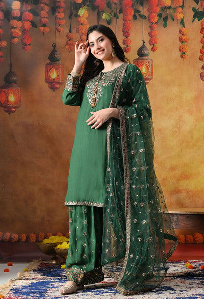 Green Cotton Silk Kurta Set with intricate zardozi, sequin, and thread work, paired with a farshi salwar and matching dupatta