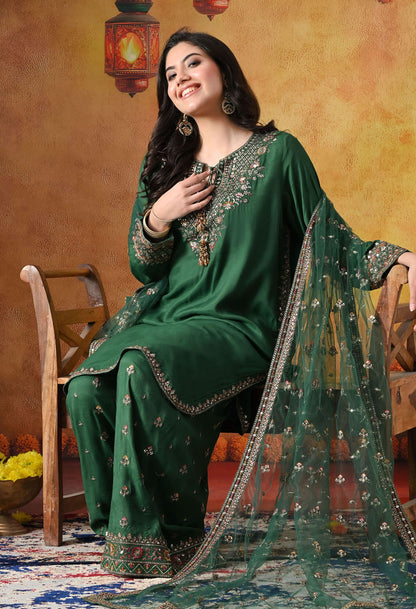 Green Cotton Silk Kurta Set with intricate zardozi, sequin, and thread work, paired with a farshi salwar and matching dupatta