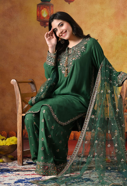 Green Cotton Silk Kurta Set with intricate zardozi, sequin, and thread work, paired with a farshi salwar and matching dupatta