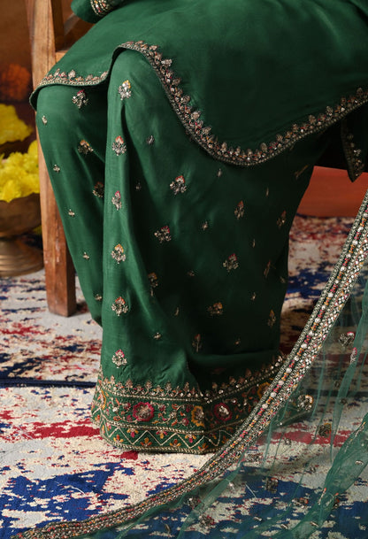 Green Cotton Silk Kurta Set with intricate zardozi, sequin, and thread work, paired with a farshi salwar and matching dupatta