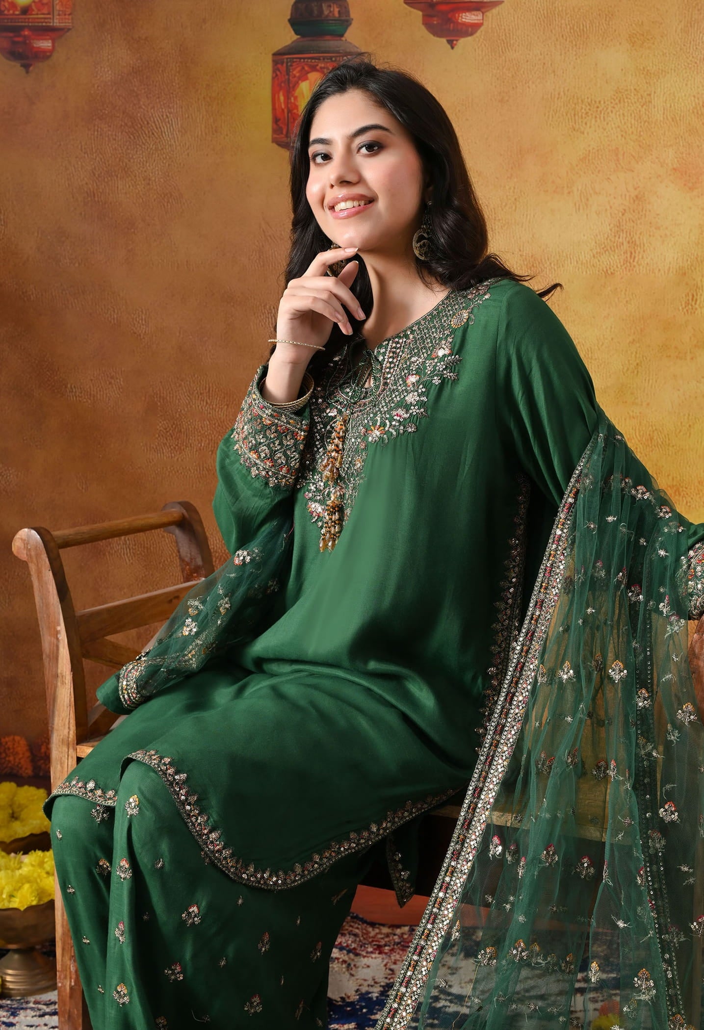Green Cotton Silk Kurta Set with intricate zardozi, sequin, and thread work, paired with a farshi salwar and matching dupatta