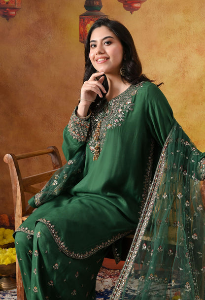 Green Cotton Silk Kurta Set with intricate zardozi, sequin, and thread work, paired with a farshi salwar and matching dupatta