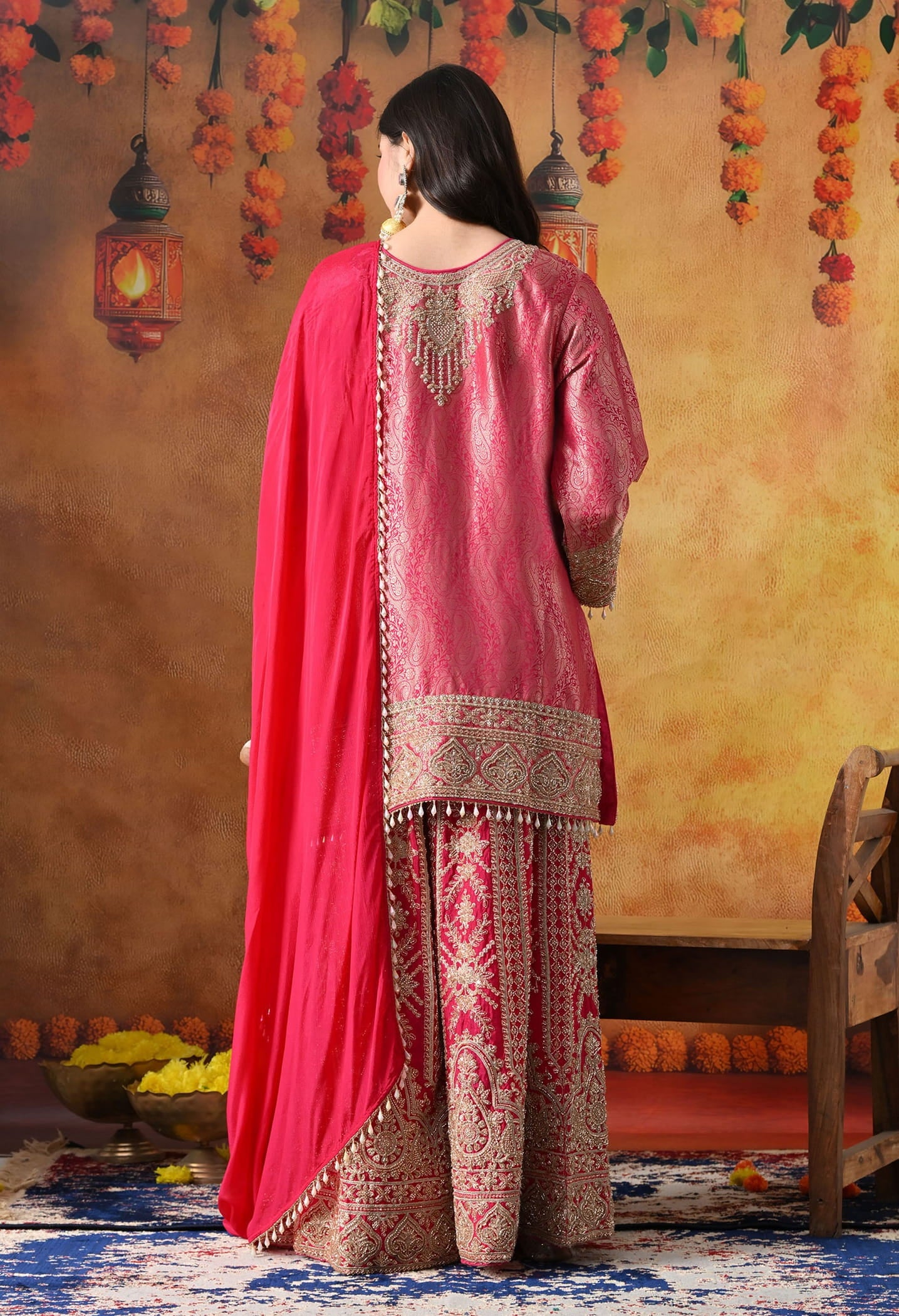 Hot Pink Banarasi Silk Sharara Set with intricate thread, cutdana, pearl, and sequin work, paired with a chinon dupatta.