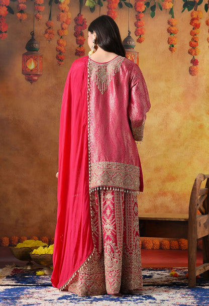 Hot Pink Banarasi Silk Sharara Set with intricate thread, cutdana, pearl, and sequin work, paired with a chinon dupatta.