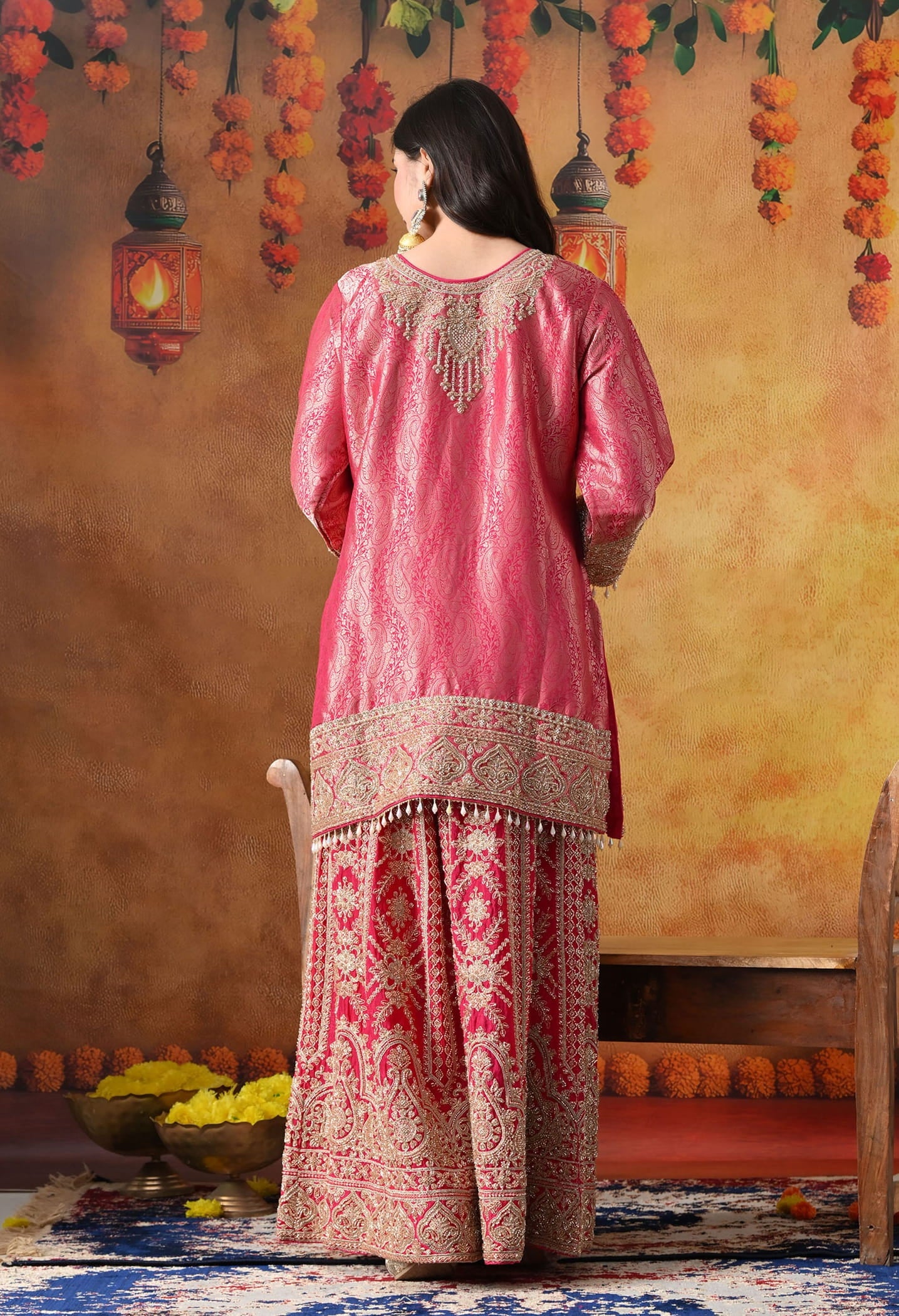 Hot Pink Banarasi Silk Sharara Set with intricate thread, cutdana, pearl, and sequin work, paired with a chinon dupatta.