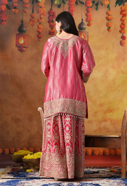 Hot Pink Banarasi Silk Sharara Set with intricate thread, cutdana, pearl, and sequin work, paired with a chinon dupatta.