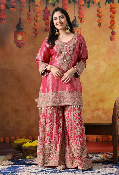 Hot Pink Banarasi Silk Sharara Set with intricate thread, cutdana, pearl, and sequin work, paired with a chinon dupatta.
