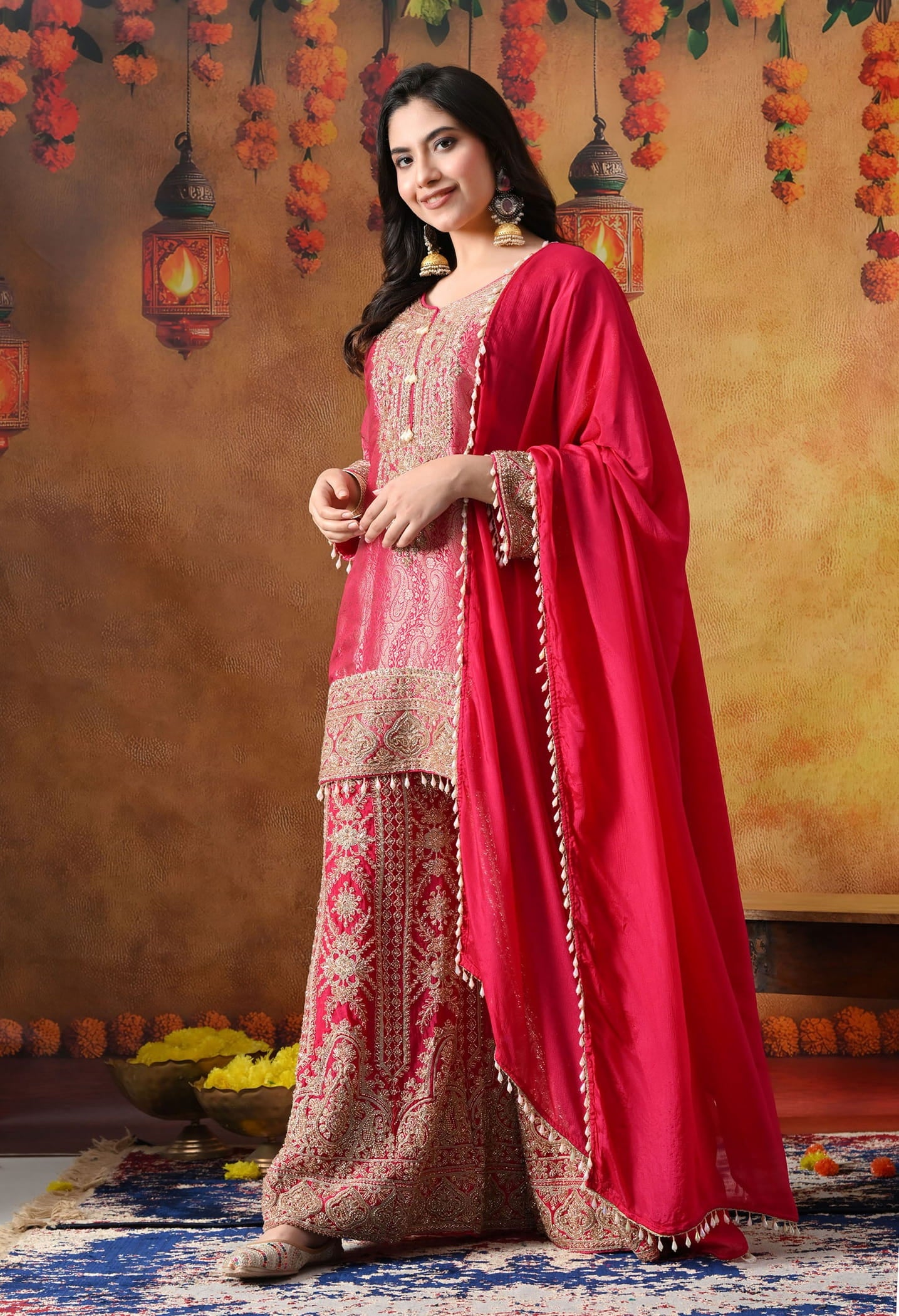 Hot Pink Banarasi Silk Sharara Set with intricate thread, cutdana, pearl, and sequin work, paired with a chinon dupatta.