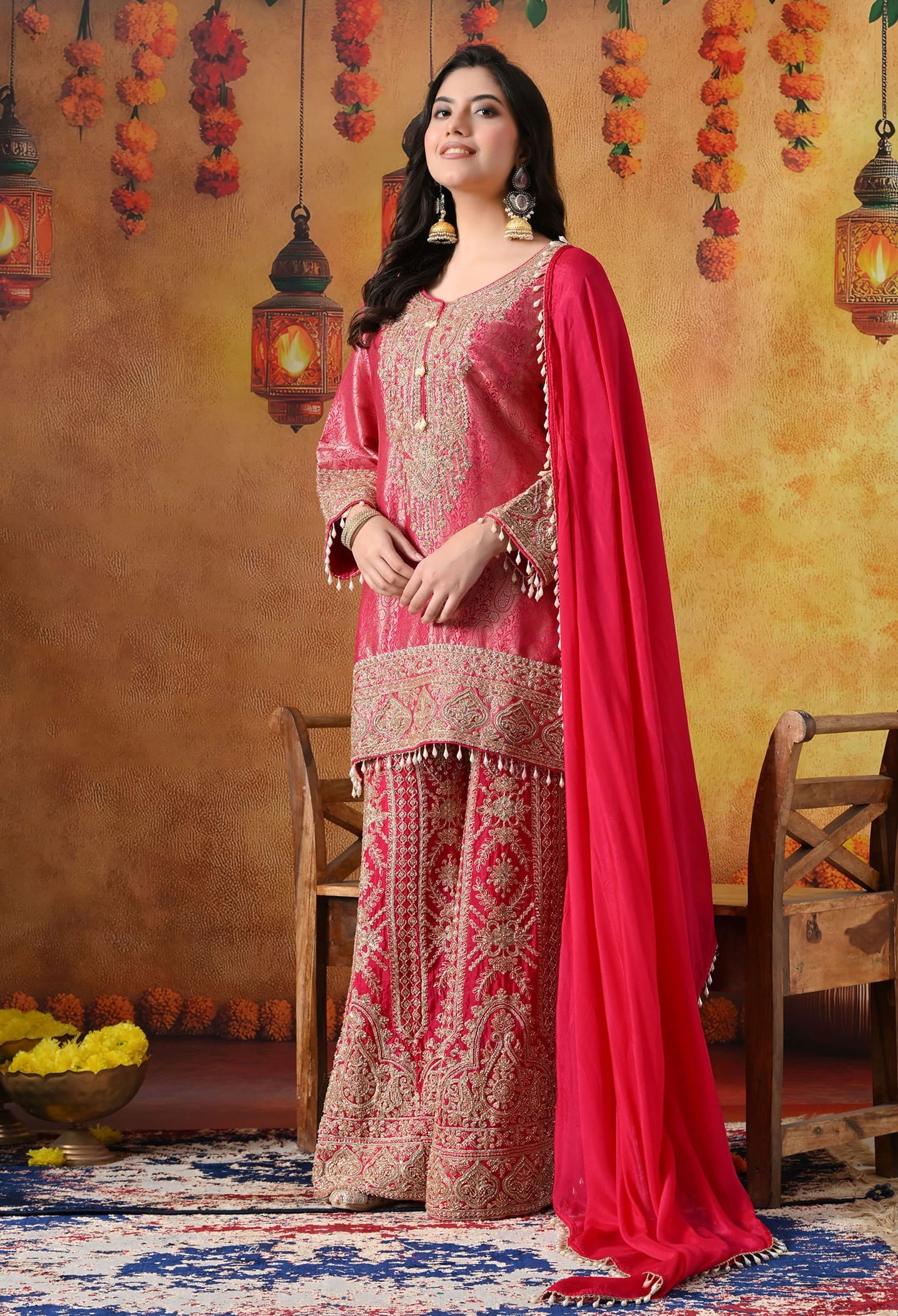 Hot Pink Banarasi Silk Sharara Set with intricate thread, cutdana, pearl, and sequin work, paired with a chinon dupatta.