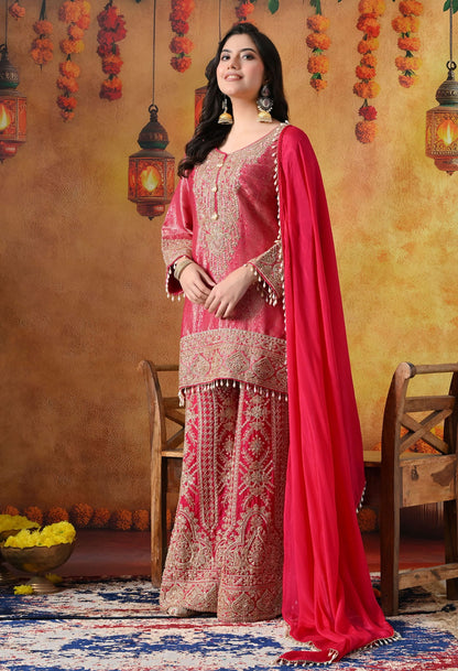 Hot Pink Banarasi Silk Sharara Set with intricate thread, cutdana, pearl, and sequin work, paired with a chinon dupatta.