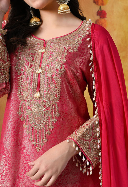 Hot Pink Banarasi Silk Sharara Set with intricate thread, cutdana, pearl, and sequin work, paired with a chinon dupatta.
