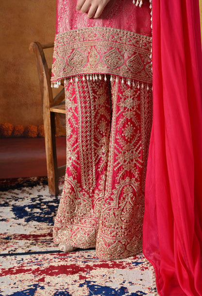 Hot Pink Banarasi Silk Sharara Set with intricate thread, cutdana, pearl, and sequin work, paired with a chinon dupatta.