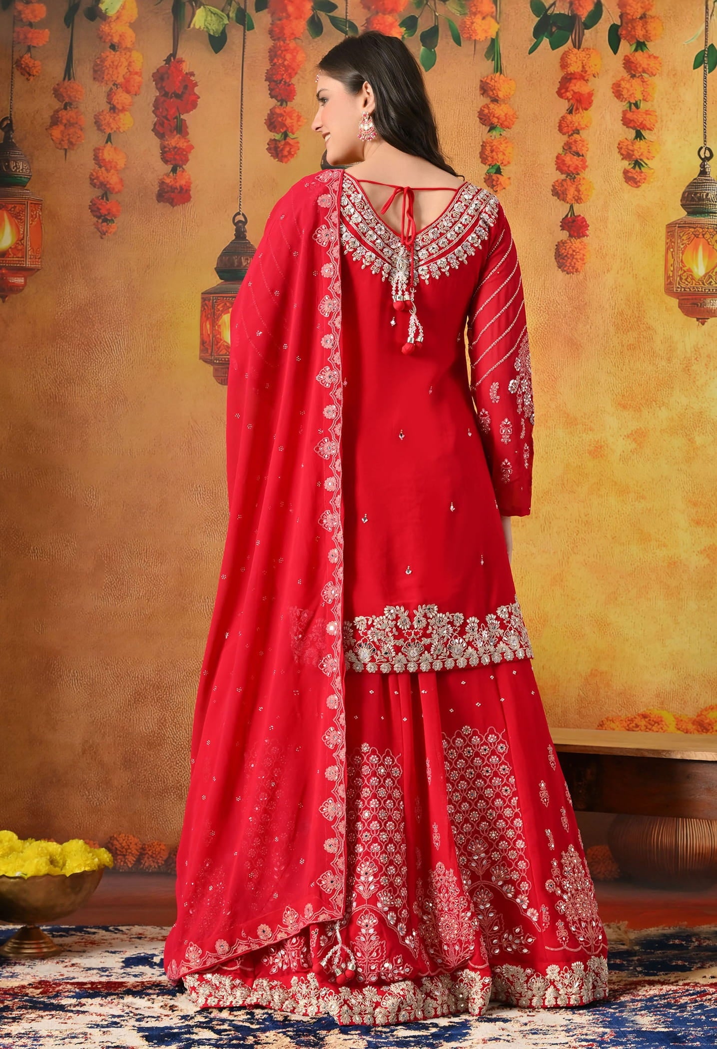Reddish Pink Lehnga Set with Zardozi, Sequin, Pearl & Mirror Work.