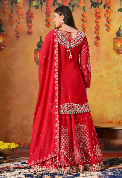 Reddish Pink Lehnga Set with Zardozi, Sequin, Pearl & Mirror Work.