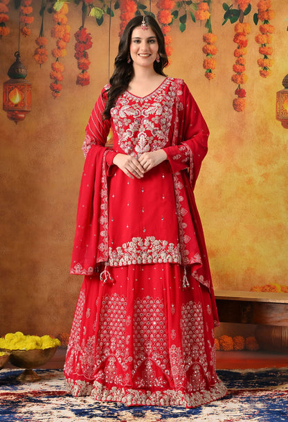Reddish Pink Lehnga Set with Zardozi, Sequin, Pearl & Mirror Work.