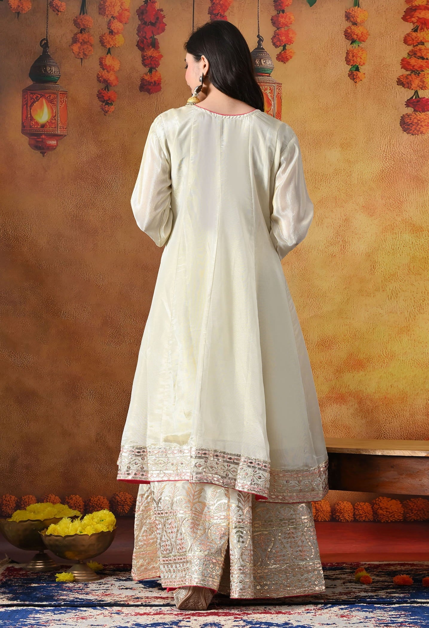 Golden Cream Tissue Crepe Sharara Set with intricate gotta, zardozi, and thread work, paired with a pink tissue organza dupatta