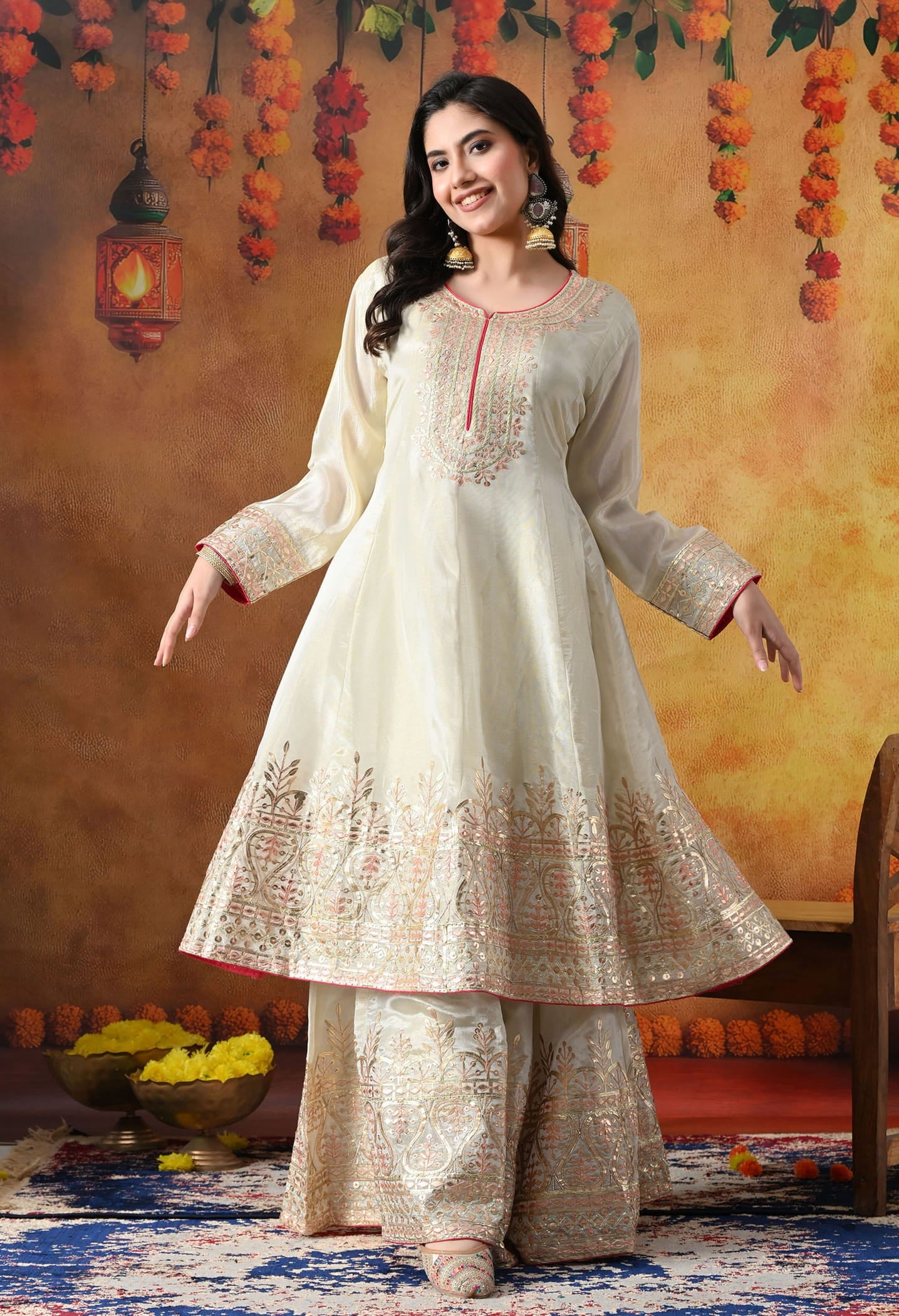 Golden Cream Tissue Crepe Sharara Set with intricate gotta, zardozi, and thread work, paired with a pink tissue organza dupatta