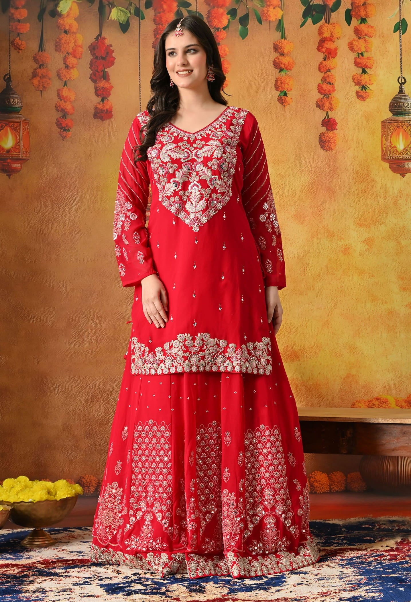 Reddish Pink Lehnga Set with Zardozi, Sequin, Pearl & Mirror Work.