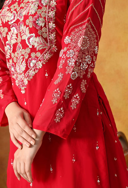 Reddish Pink Lehnga Set with Zardozi, Sequin, Pearl & Mirror Work.