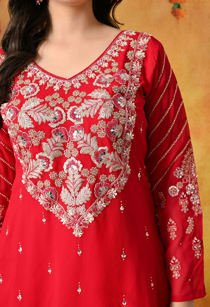 Reddish Pink Lehnga Set with Zardozi, Sequin, Pearl & Mirror Work.