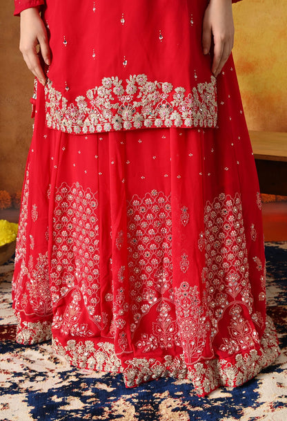 Reddish Pink Lehnga Set with Zardozi, Sequin, Pearl & Mirror Work.