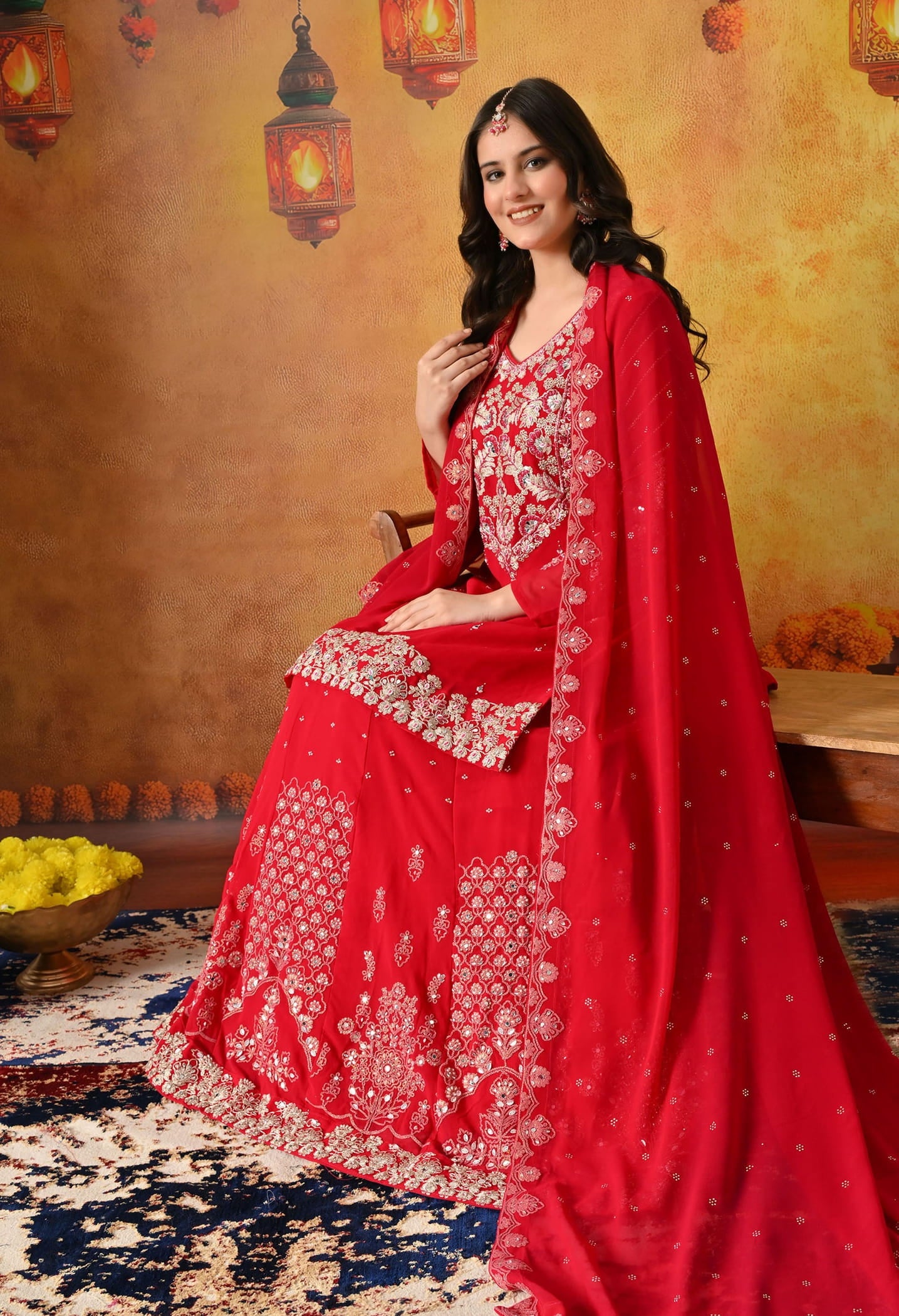 Reddish Pink Lehnga Set with Zardozi, Sequin, Pearl & Mirror Work.