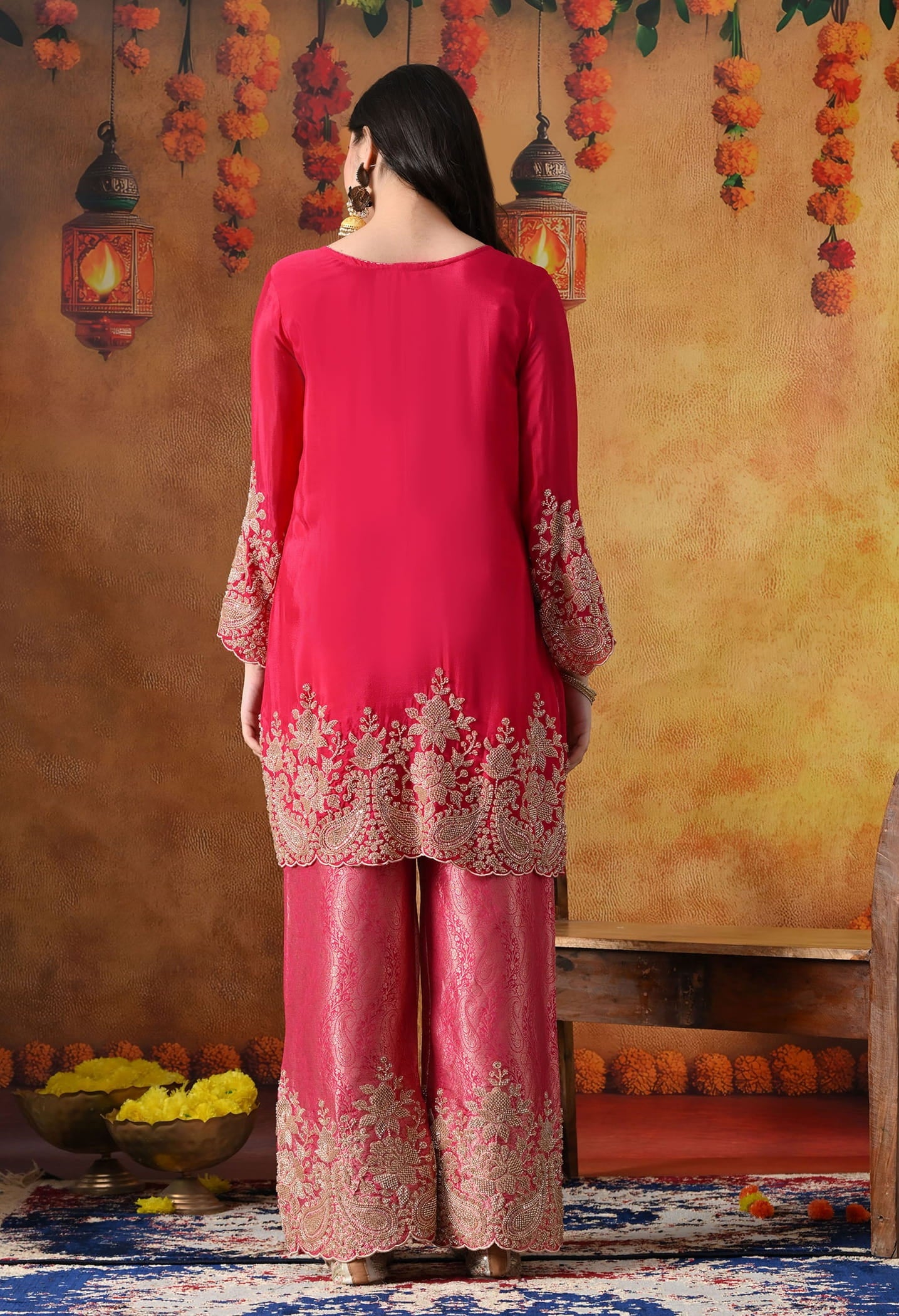 Hot Pink Chinon Kurta Set with intricate thread, cutdana, pearl, and sequin work, paired with Banarasi silk straight pants and a matching dupatta.