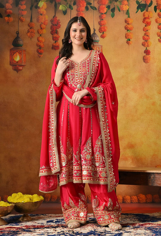 Pink Kurta Set with Gotta, Zardozi, Thread & Mirror Work.