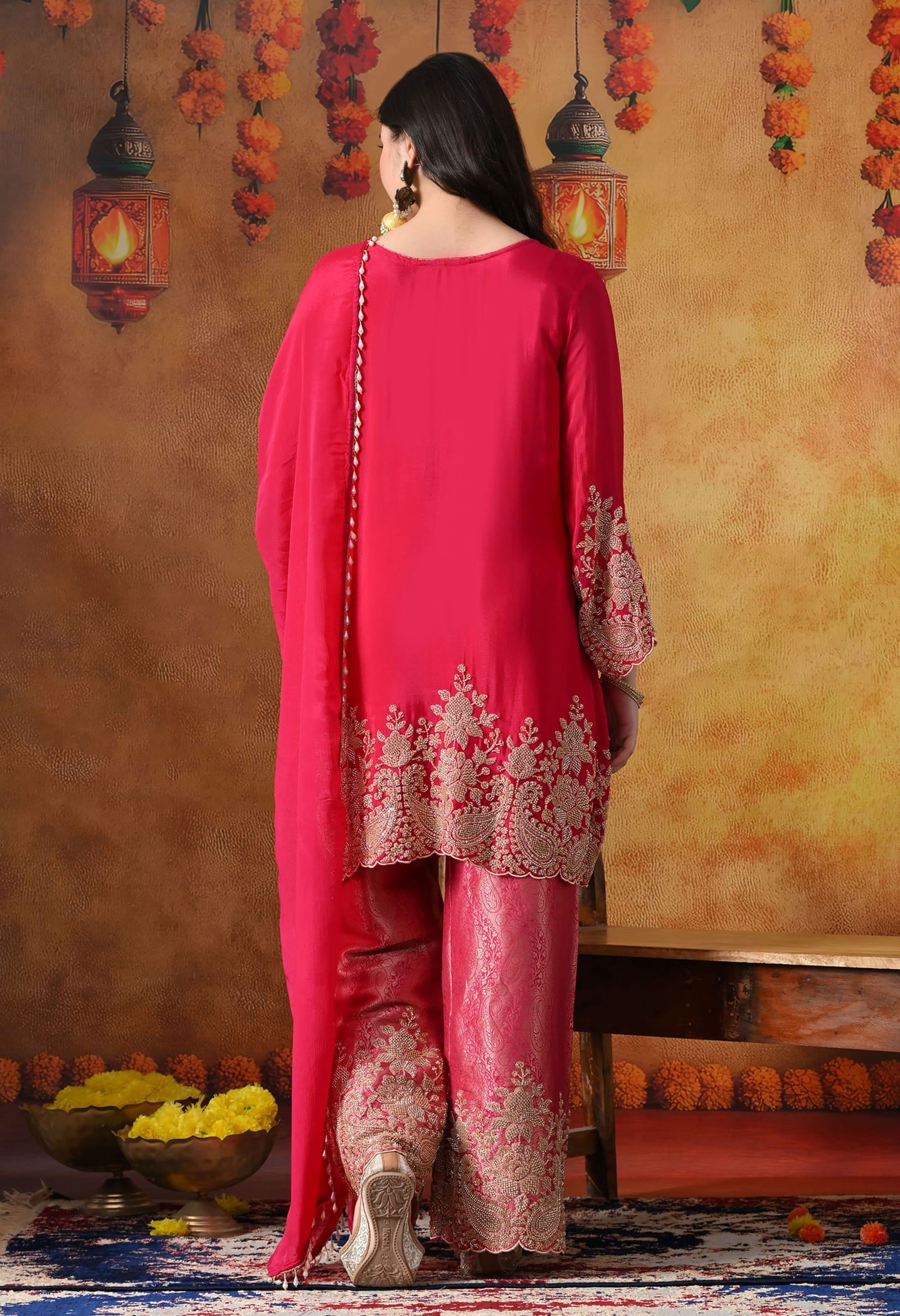 Hot Pink Chinon Kurta Set with intricate thread, cutdana, pearl, and sequin work, paired with Banarasi silk straight pants and a matching dupatta.