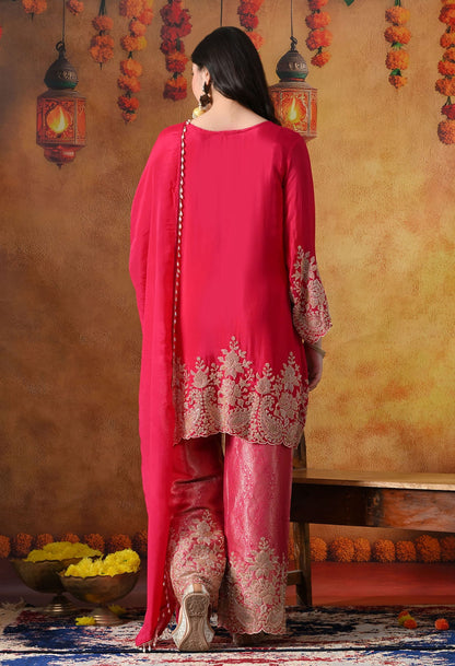 Hot Pink Chinon Kurta Set with intricate thread, cutdana, pearl, and sequin work, paired with Banarasi silk straight pants and a matching dupatta.