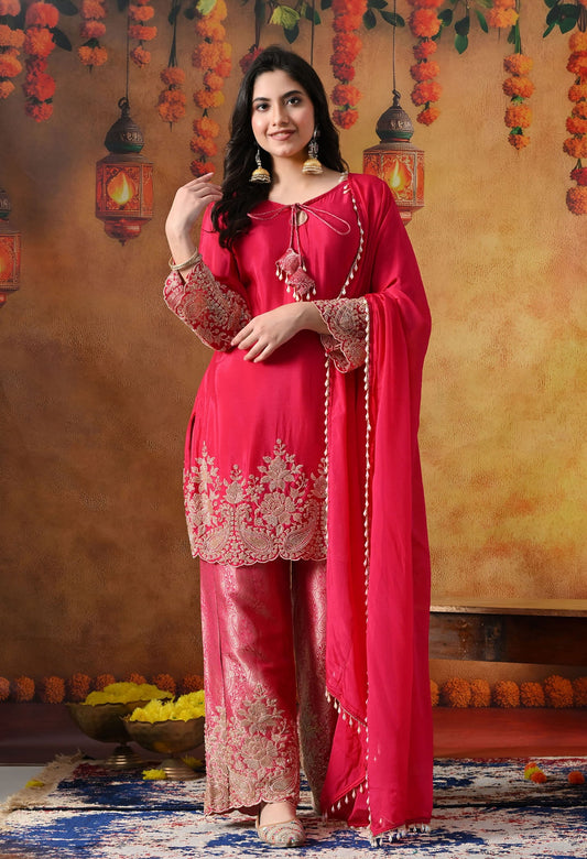 Hot Pink Chinon Kurta Set with intricate thread, cutdana, pearl, and sequin work, paired with Banarasi silk straight pants and a matching dupatta.