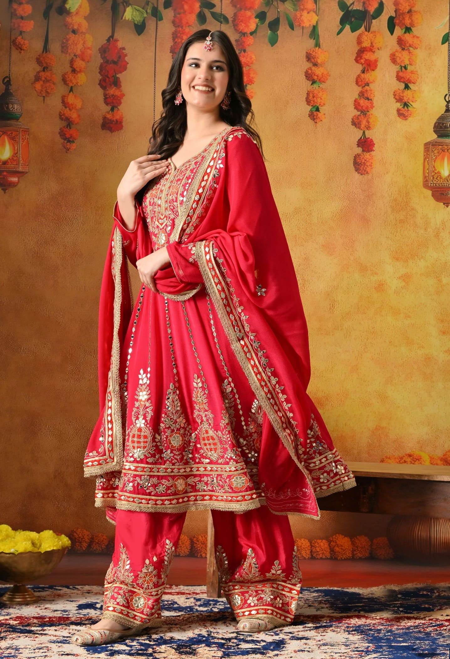 Pink Kurta Set with Gotta, Zardozi, Thread & Mirror Work.