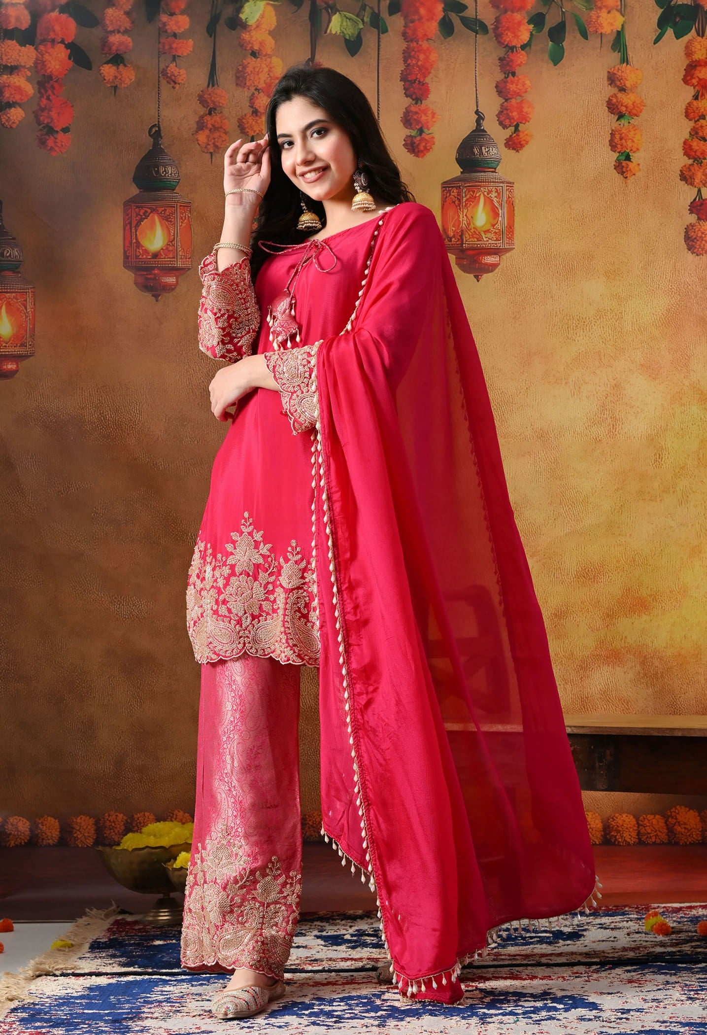 Hot Pink Chinon Kurta Set with intricate thread, cutdana, pearl, and sequin work, paired with Banarasi silk straight pants and a matching dupatta.