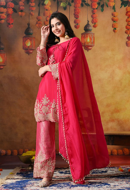 Hot Pink Chinon Kurta Set with intricate thread, cutdana, pearl, and sequin work, paired with Banarasi silk straight pants and a matching dupatta.