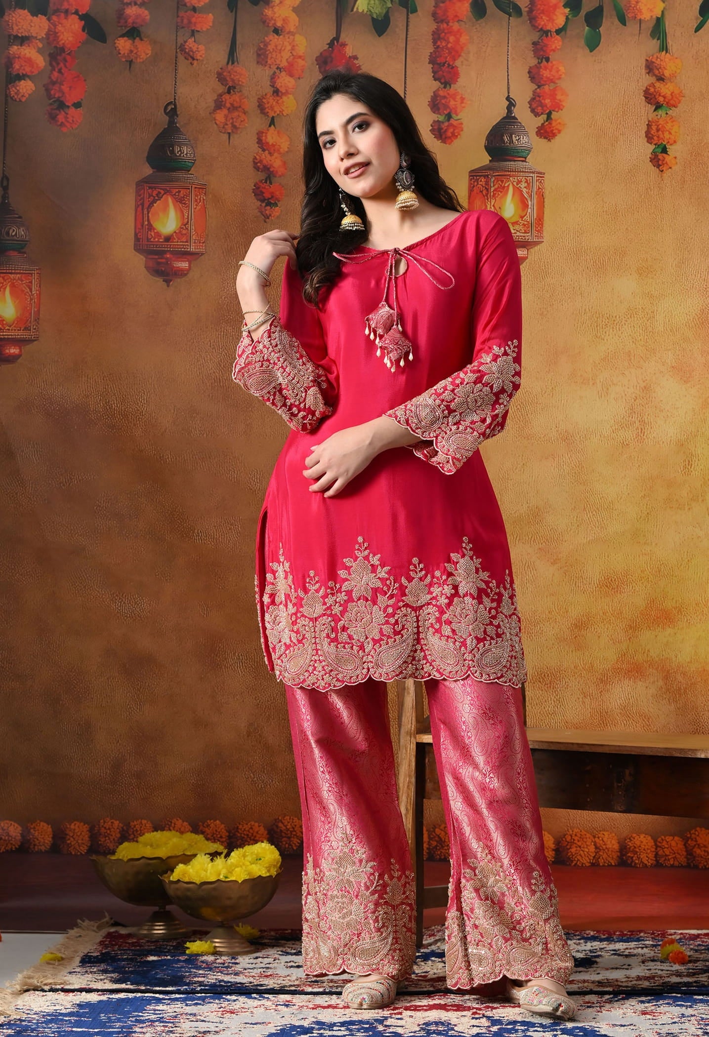 Hot Pink Chinon Kurta Set with intricate thread, cutdana, pearl, and sequin work, paired with Banarasi silk straight pants and a matching dupatta.