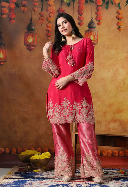 Hot Pink Chinon Kurta Set with intricate thread, cutdana, pearl, and sequin work, paired with Banarasi silk straight pants and a matching dupatta.