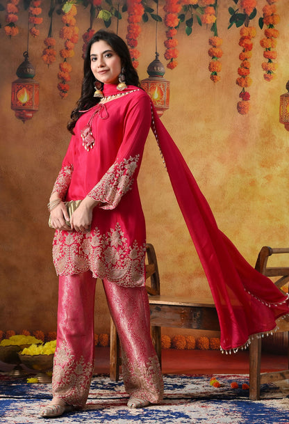 Hot Pink Chinon Kurta Set with intricate thread, cutdana, pearl, and sequin work, paired with Banarasi silk straight pants and a matching dupatta.