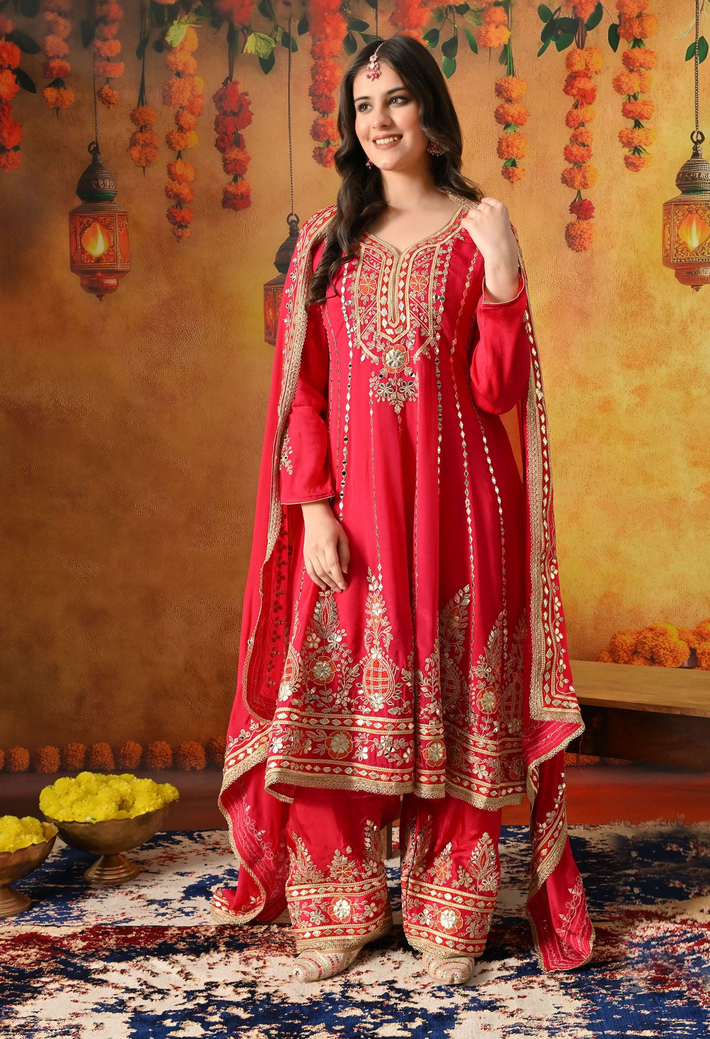 Pink Kurta Set with Gotta, Zardozi, Thread & Mirror Work.