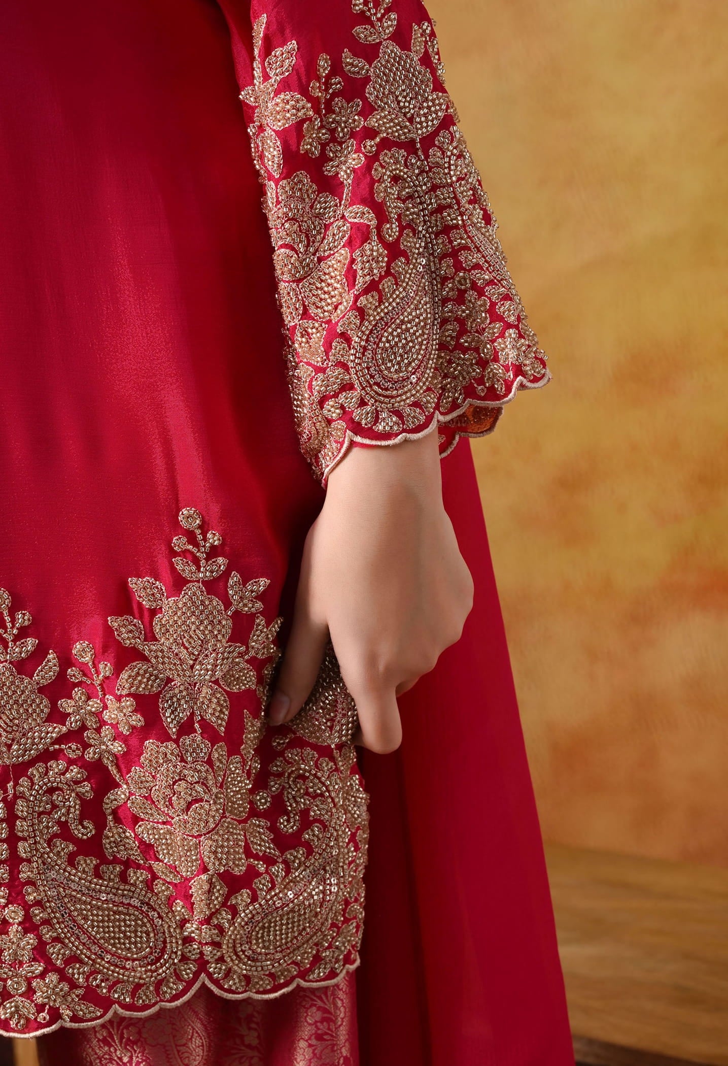 Hot Pink Chinon Kurta Set with intricate thread, cutdana, pearl, and sequin work, paired with Banarasi silk straight pants and a matching dupatta.