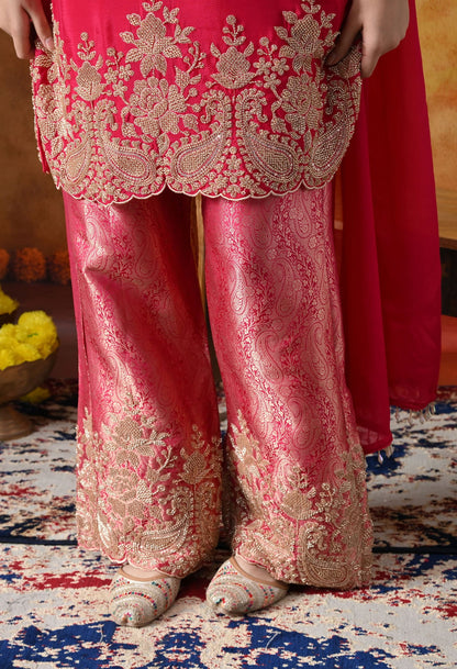 Hot Pink Chinon Kurta Set with intricate thread, cutdana, pearl, and sequin work, paired with Banarasi silk straight pants and a matching dupatta.