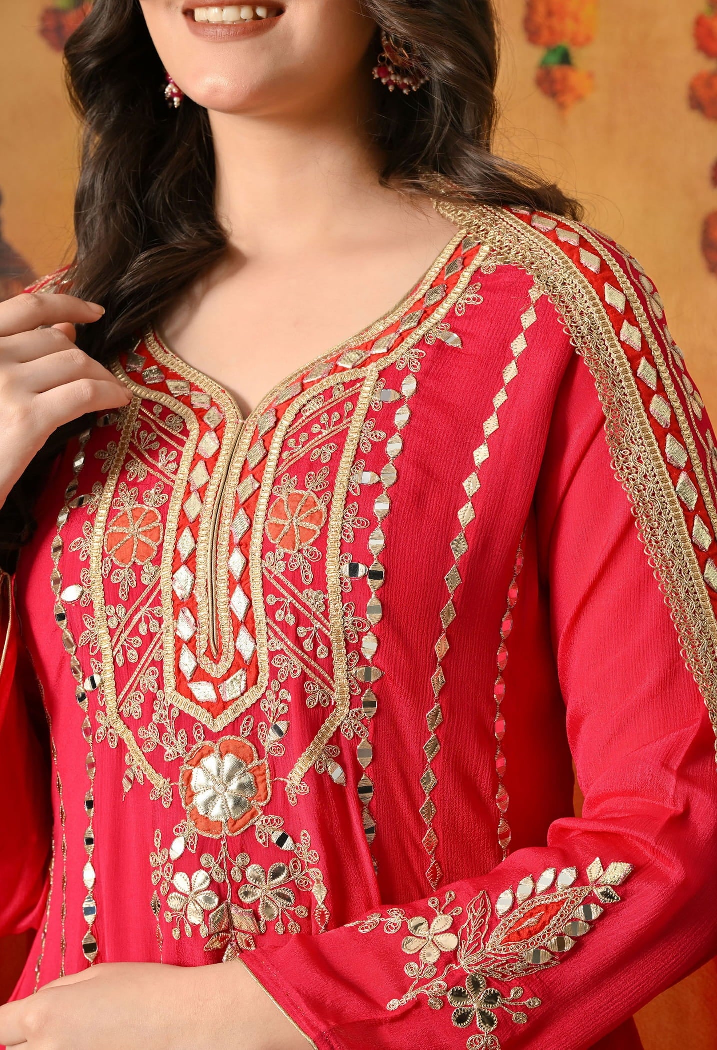 Pink Kurta Set with Gotta, Zardozi, Thread & Mirror Work.