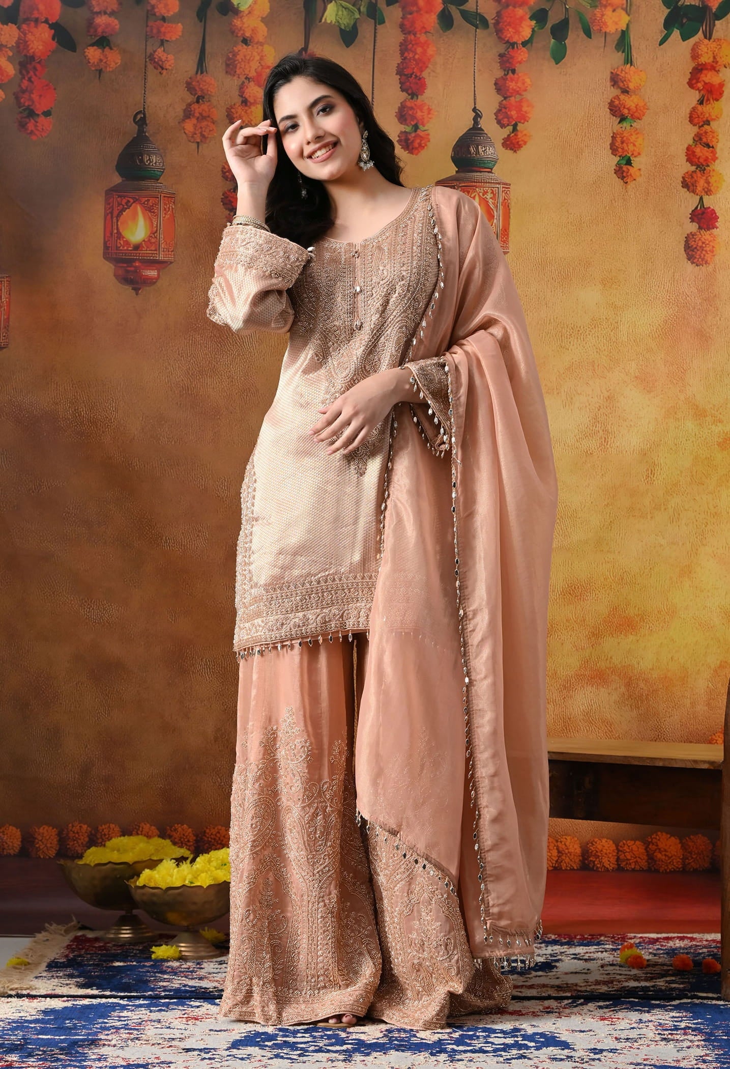 Peach Banarasi Silk Sharara Set with intricate thread, crystal, pearl, and cutdana work, paired with a tissue organza dupatta