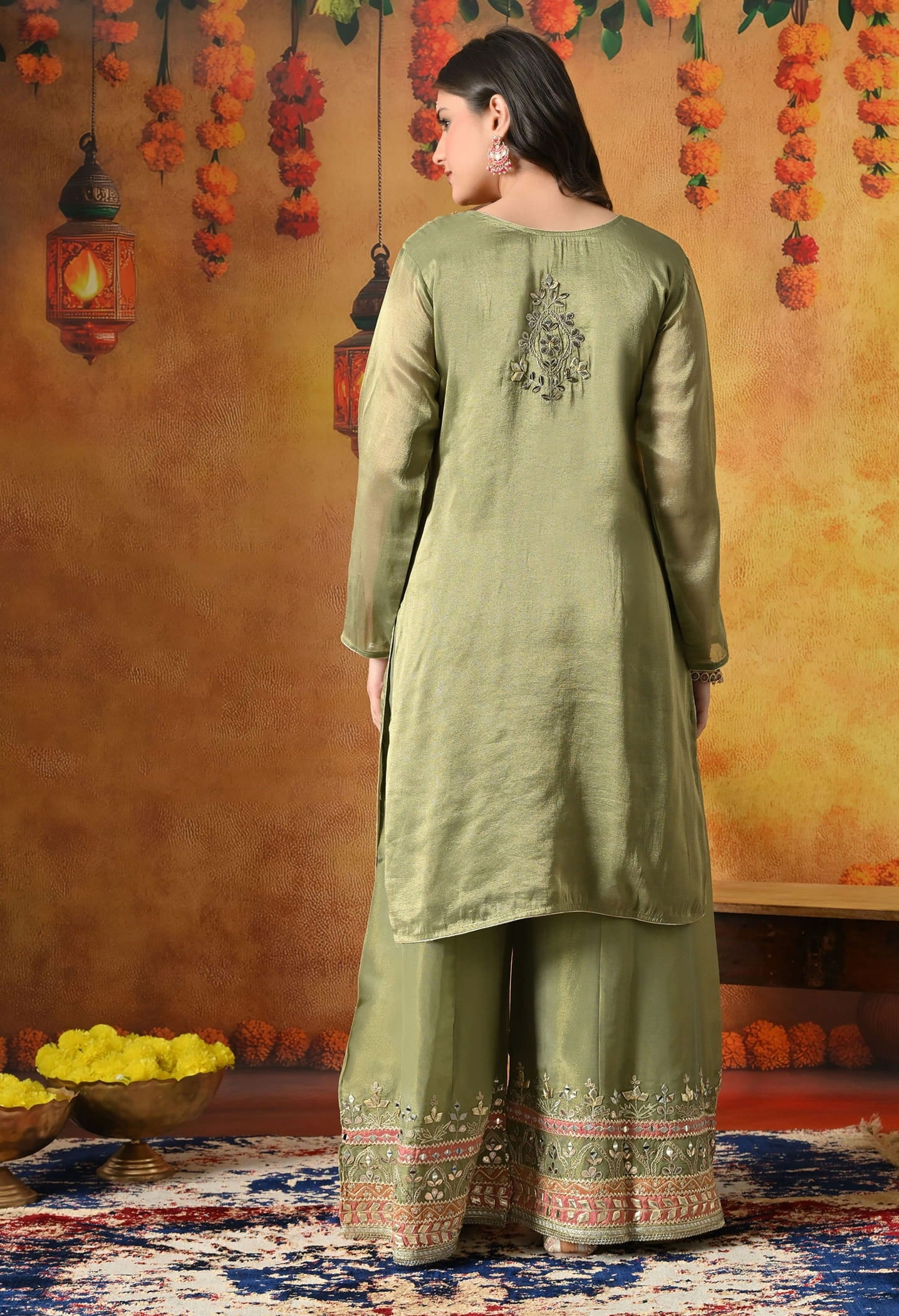 Green Sharara Set with Gotta, Zardozi, Applique & Mirror Work.