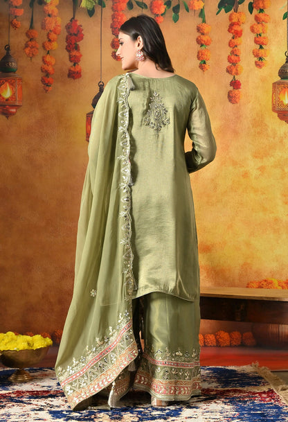 Green Sharara Set with Gotta, Zardozi, Applique & Mirror Work.