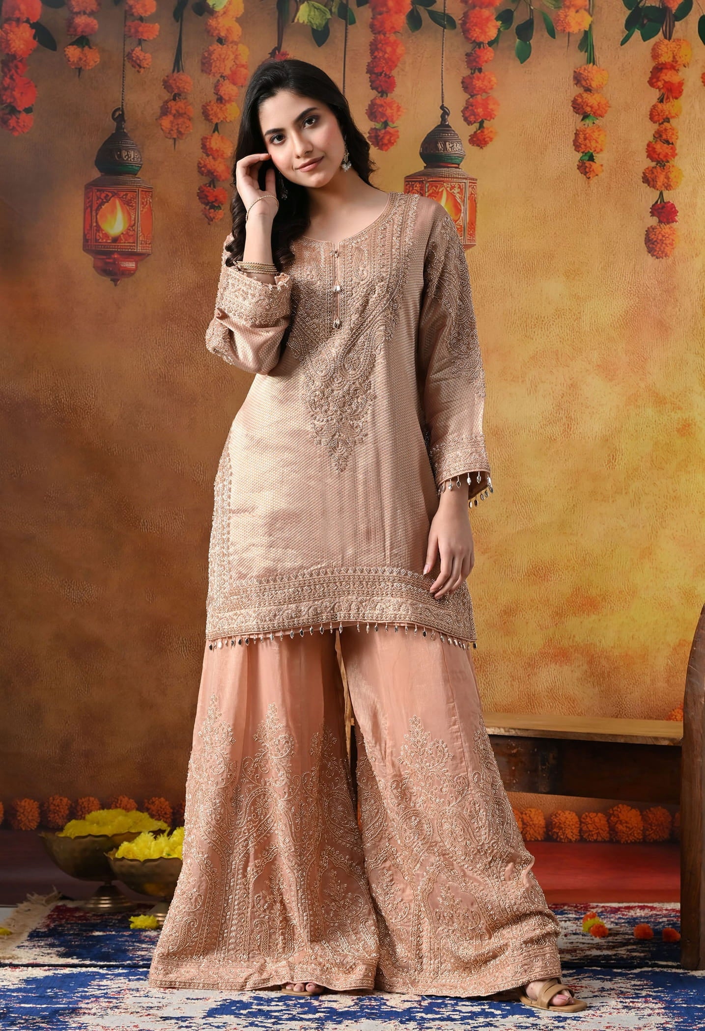 Peach Banarasi Silk Sharara Set with intricate thread, crystal, pearl, and cutdana work, paired with a tissue organza dupatta