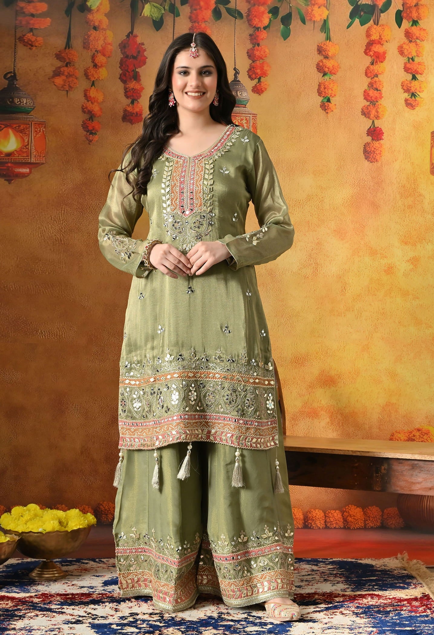 Green Sharara Set with Gotta, Zardozi, Applique & Mirror Work.