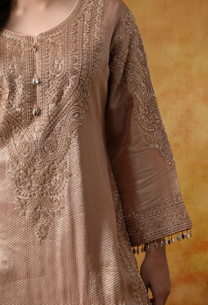 Peach Banarasi Silk Sharara Set with intricate thread, crystal, pearl, and cutdana work, paired with a tissue organza dupatta