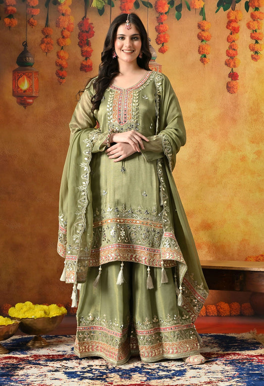 Green Sharara Set with Gotta, Zardozi, Applique & Mirror Work.