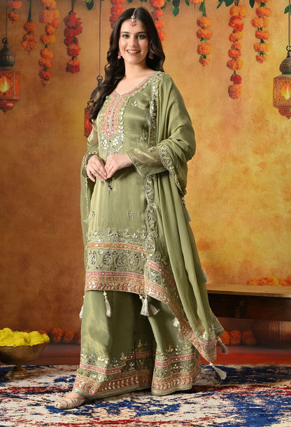Green Sharara Set with Gotta, Zardozi, Applique & Mirror Work.